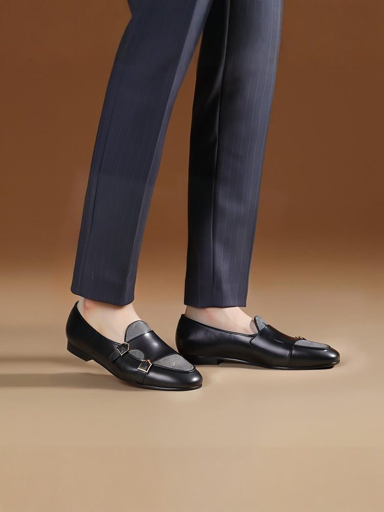 First-layer cowhide and gray sesame cloth men's slip-on loafers British style classic metal buckle smoking shoes