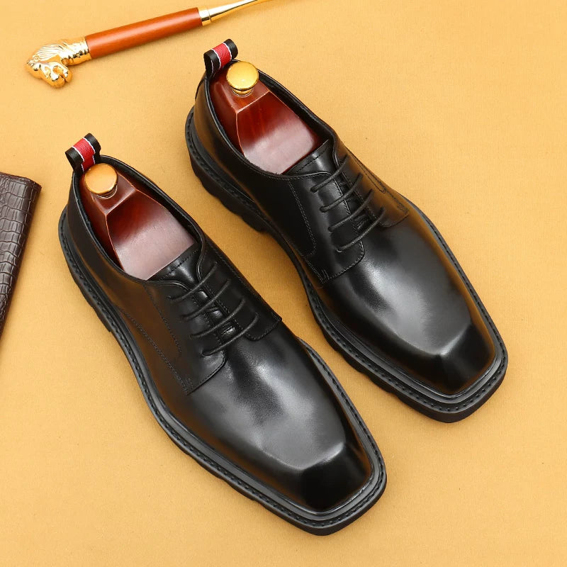 Men's Black Genuine Leather Derby Shoes, Height Increasing, Thick Sole