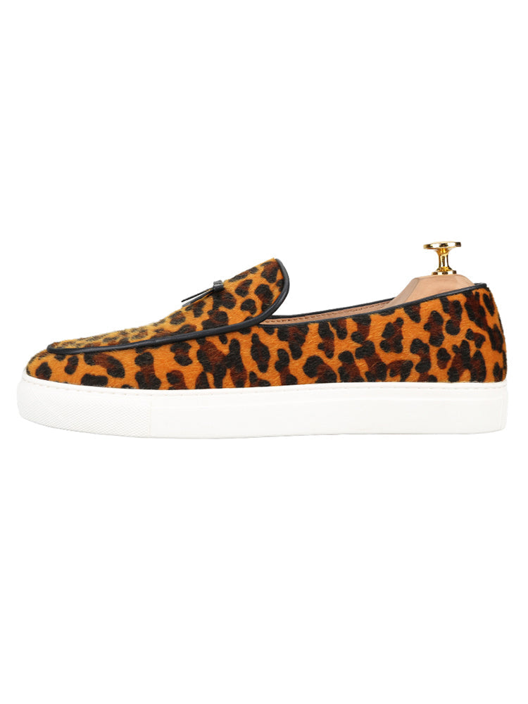 European and American wild style leopard print flocking men's slip-on casual sneakers genuine leather small bow tie white thick-soled sneakers