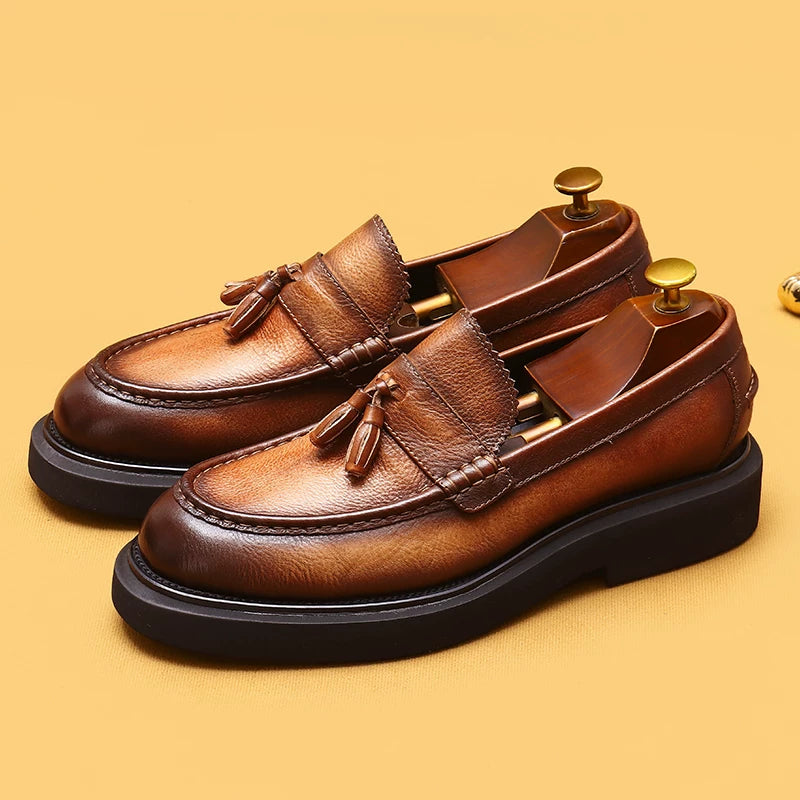 Men's Genuine Leather Loafers, Thick Sole, Slip-On