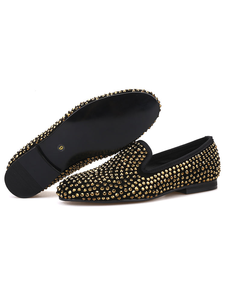 Handmade nubuck leather gold full diamond ladies slip-on loafers European and American style banquet party flats
