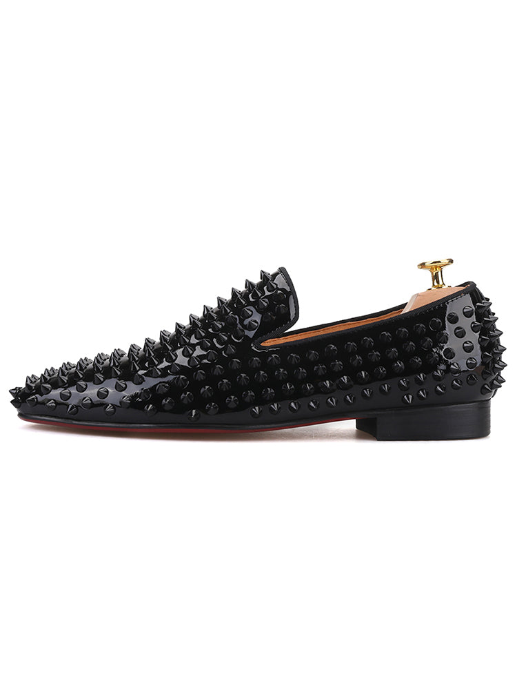 PIERGITAR men's patent leather handmade loafers European and American style black rivet shoes large size one-leg trendy shoes for men