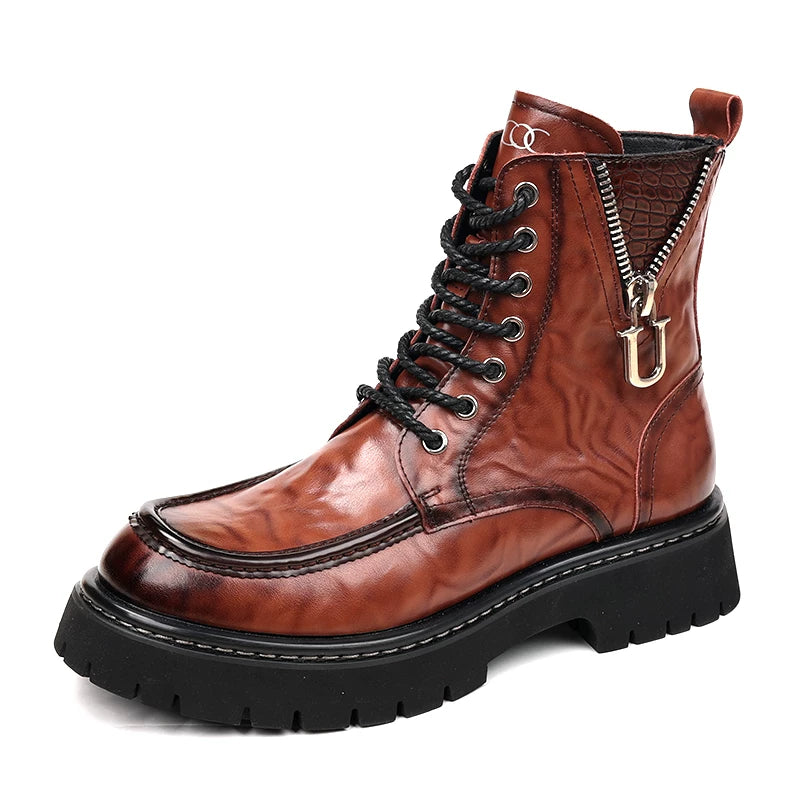 Men's Genuine Leather Martin Boots, Height Increasing, Soft Sole