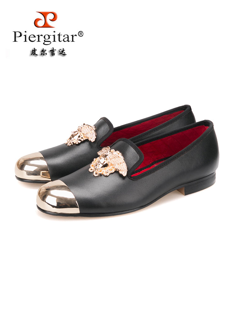 European and American style men's handmade loafers with toe layer cowhide metal toe buckle gold face buckle trendy slip-on shoes smoking shoes