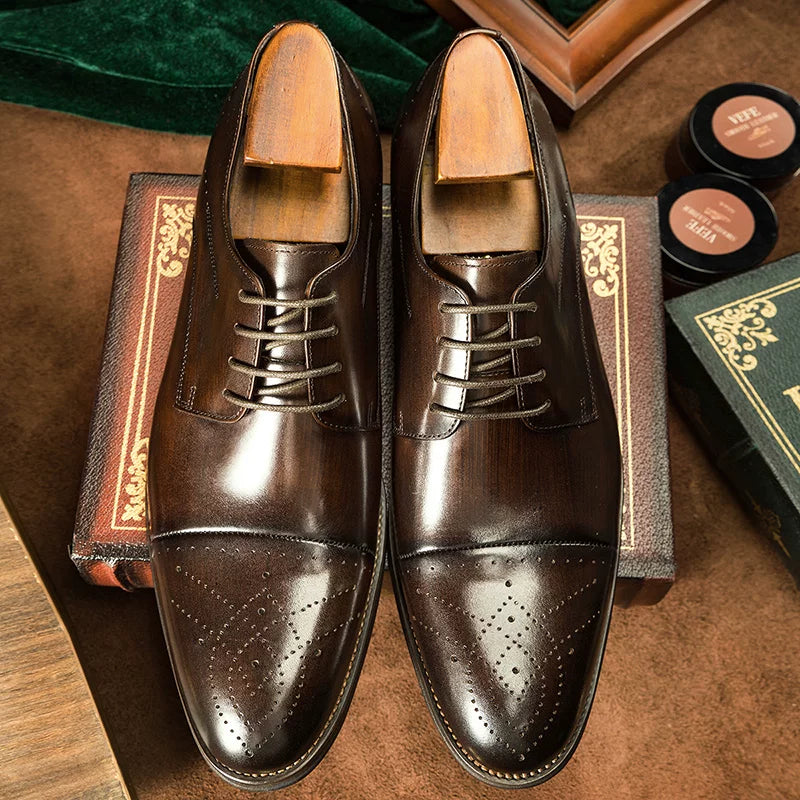 Men's Genuine Leather Derby Shoes, Pointed Toe, British Style