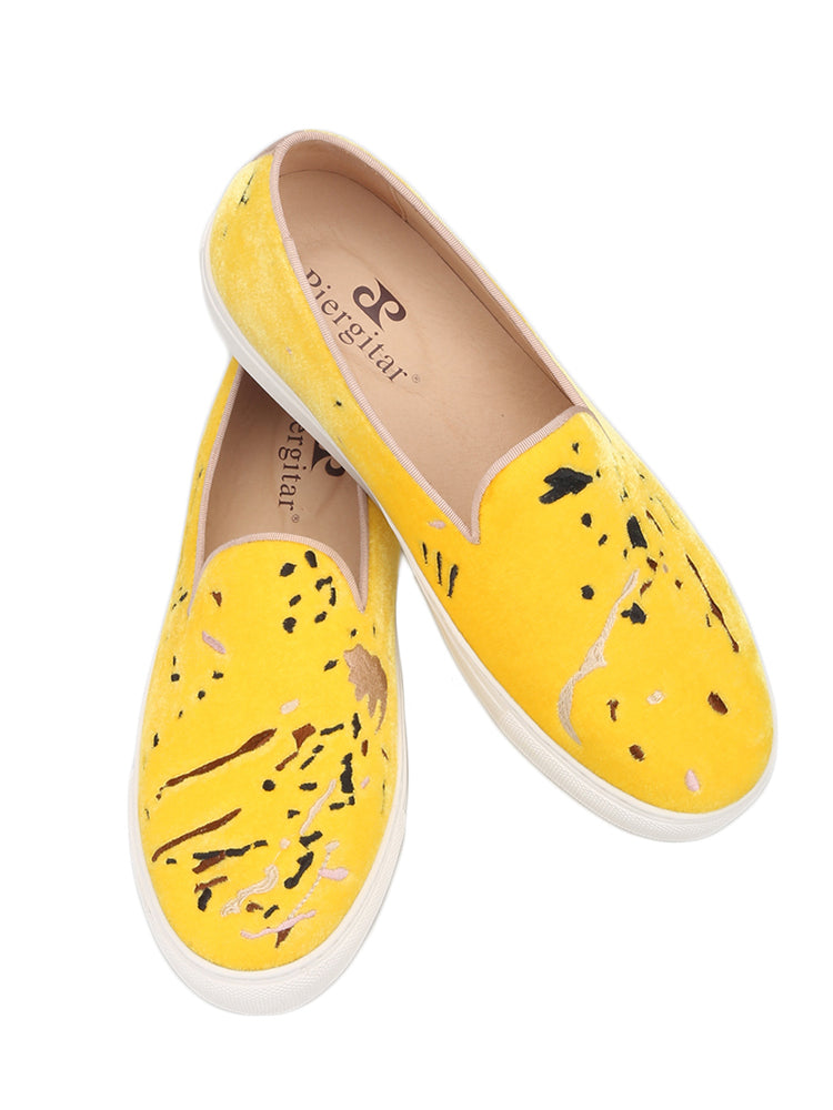 European and American style gold velvet hand-embroidered men's slip-on casual sneakers large size white thick-soled sports sneakers