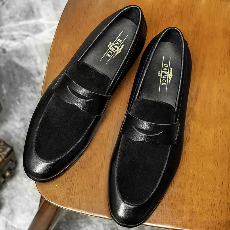 Men's Black Genuine Leather Loafers, Breathable, Slip-On