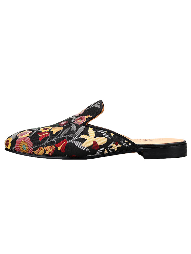 Japanese imported fabrics colorful floral jacquard cloth men's mule shoes breathable leather lining summer toe-toe slippers for men