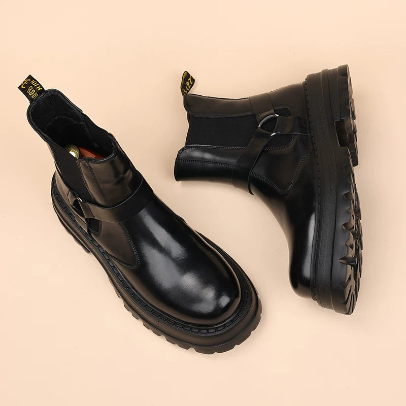 Men's Genuine Leather Martin Boots, Height Increasing, Thick Sole