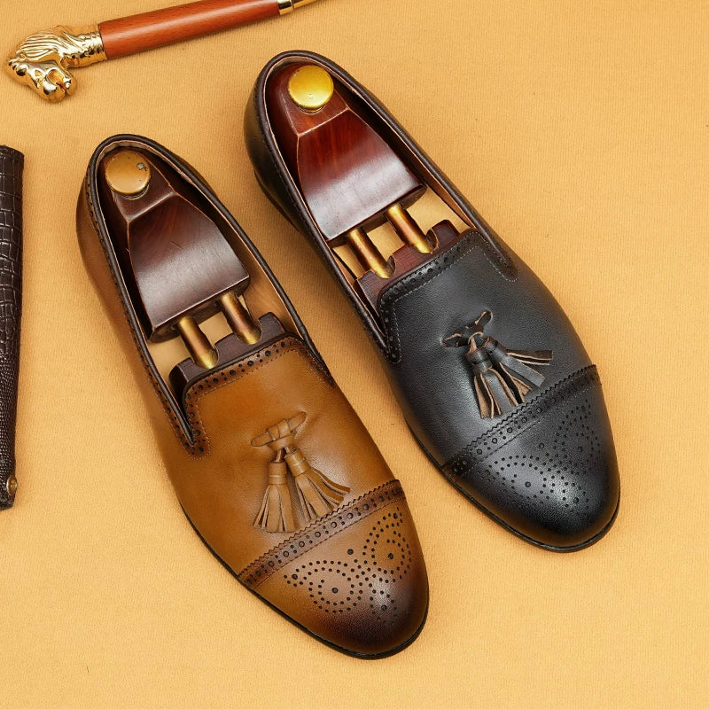 Men's Genuine Leather Loafers, Slip-On, Brogue