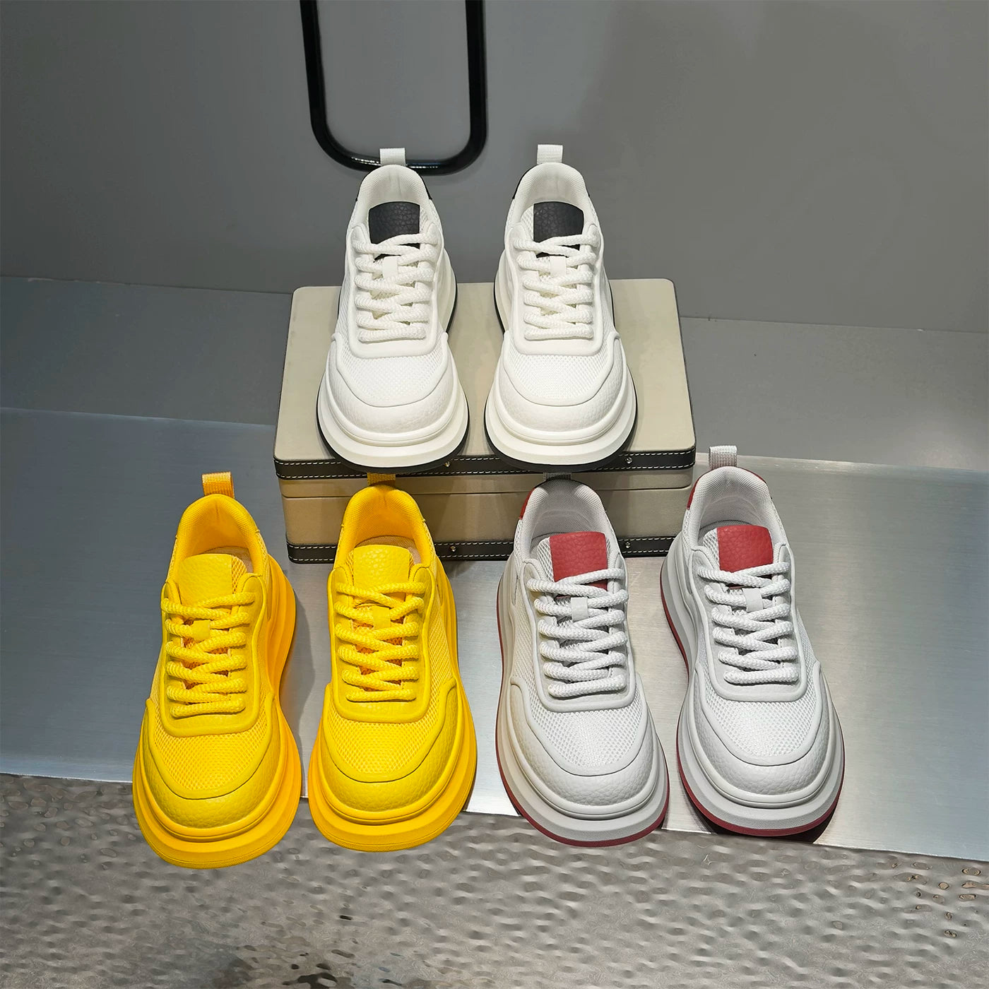 Men's Height-Increasing Platform Breathable Mesh Cut-Out White Sneakers