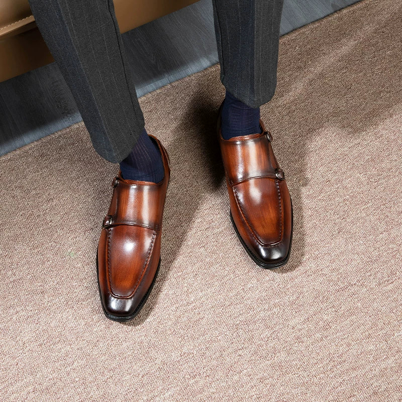 Men's Brown Genuine Leather Leather Shoes, Handmade, Square Toe