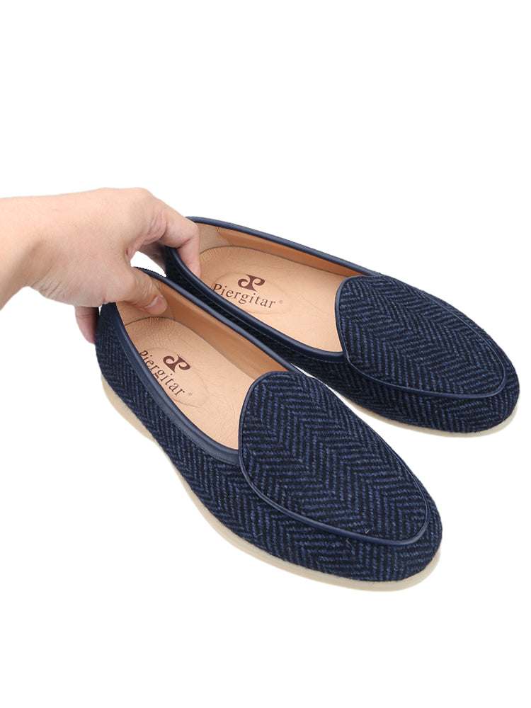 Imported wool herringbone pattern British style casual shoes for men milk white non-slip outsole one-step trendy men's shoes