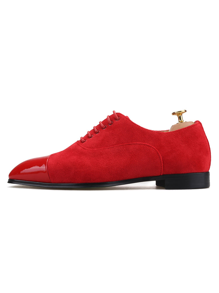 Red cow suede stitched patent leather toe men's lace-up square toe Oxford shoes European and American style fashionable wedding banquet formal shoes