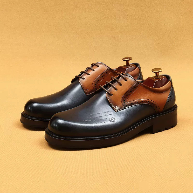 Men's Genuine Leather Derby Shoes, Thick Sole, Round Toe
