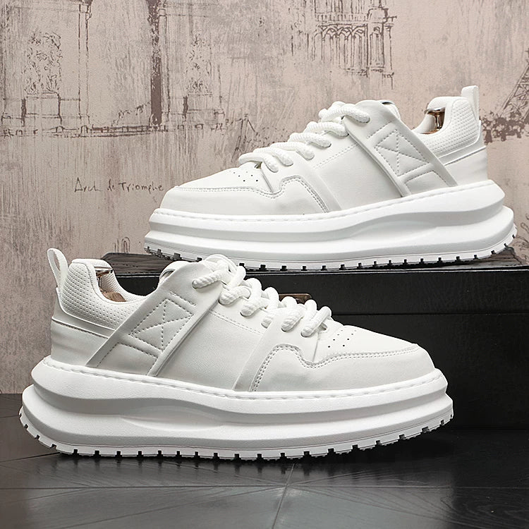 Men's Hidden-Wedge Platform Breathable Lace-Up Low-Top White Sneakers