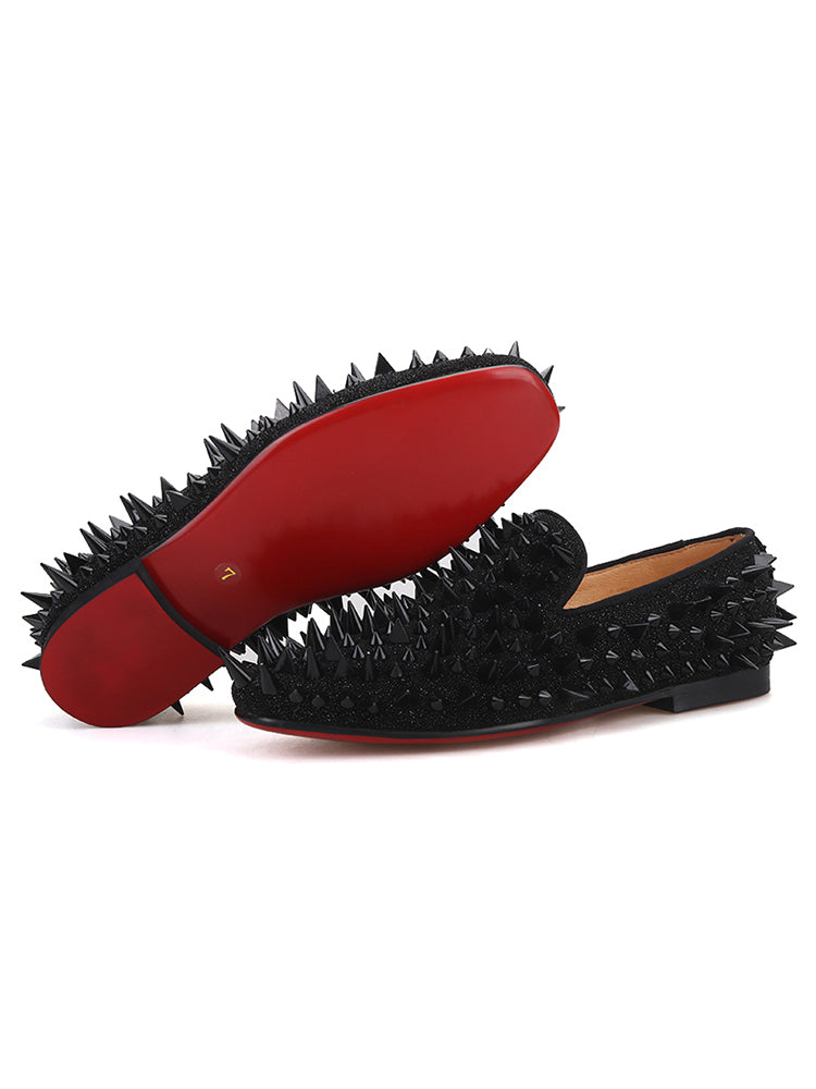 European and American style handmade women's slip-on loafers couple style rivet shoes red outsole with leather lining