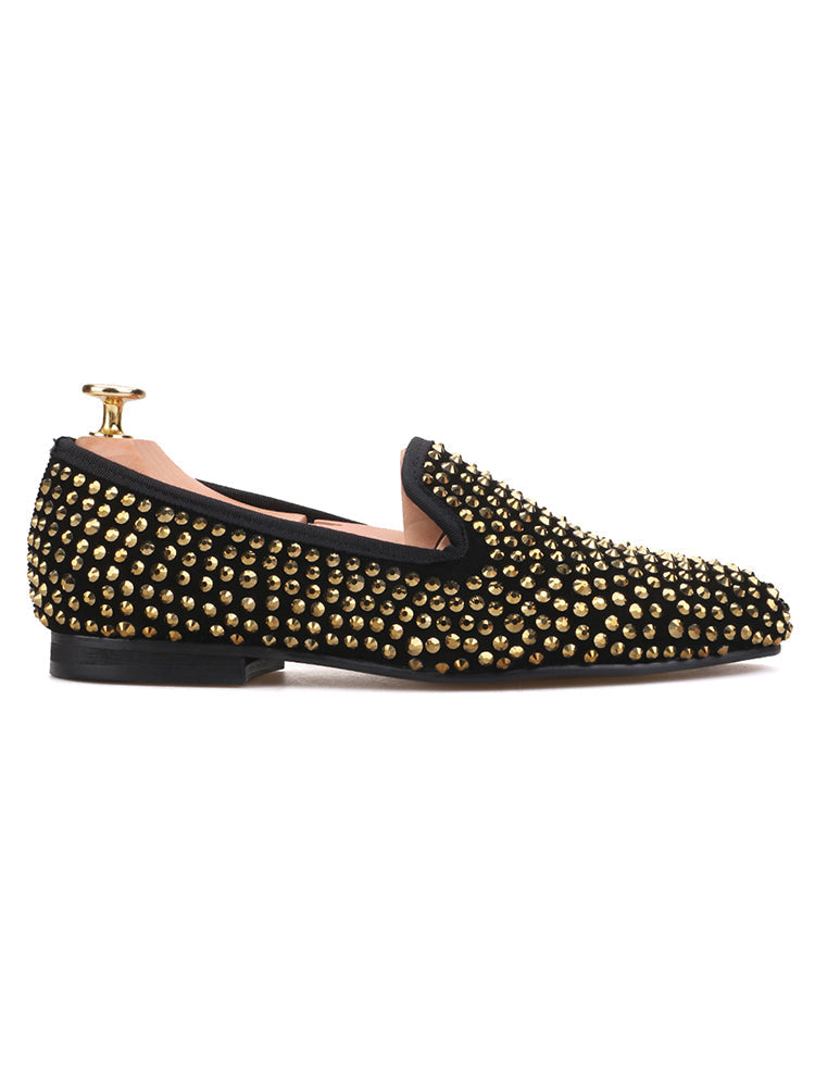Handmade nubuck leather gold full diamond ladies slip-on loafers European and American style banquet party flats