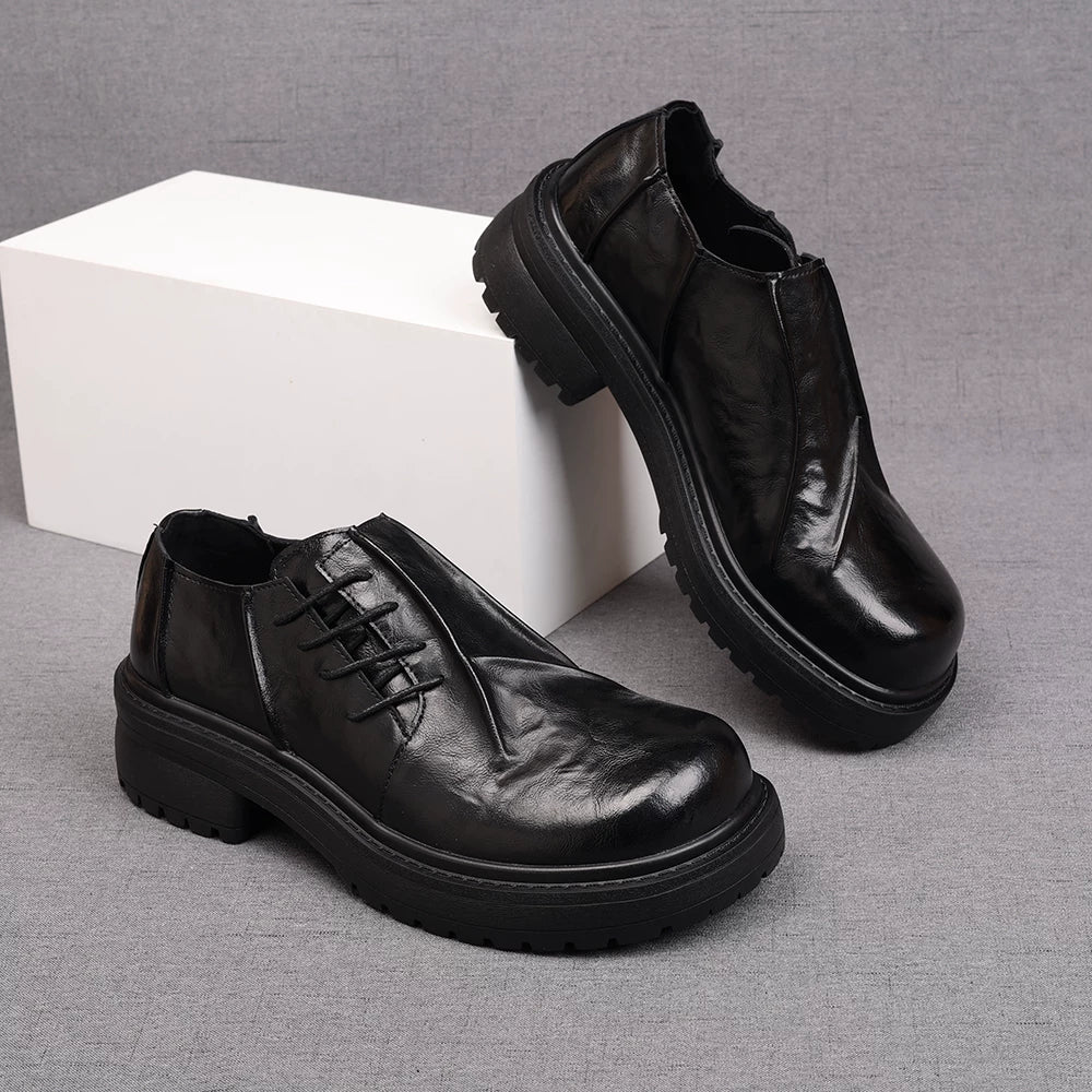 Men's Black Derby Shoes, Height Increasing, Thick Sole