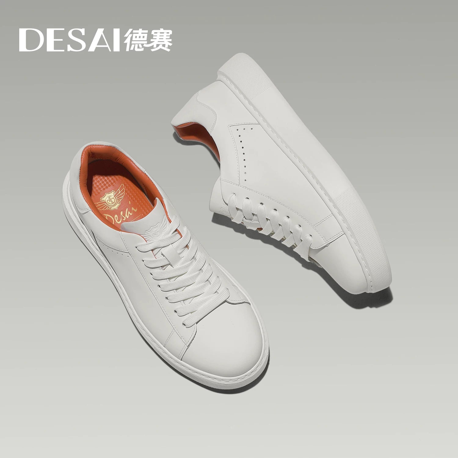 Men's White Genuine Leather Skate Shoes, Height Increasing, Thick Sole