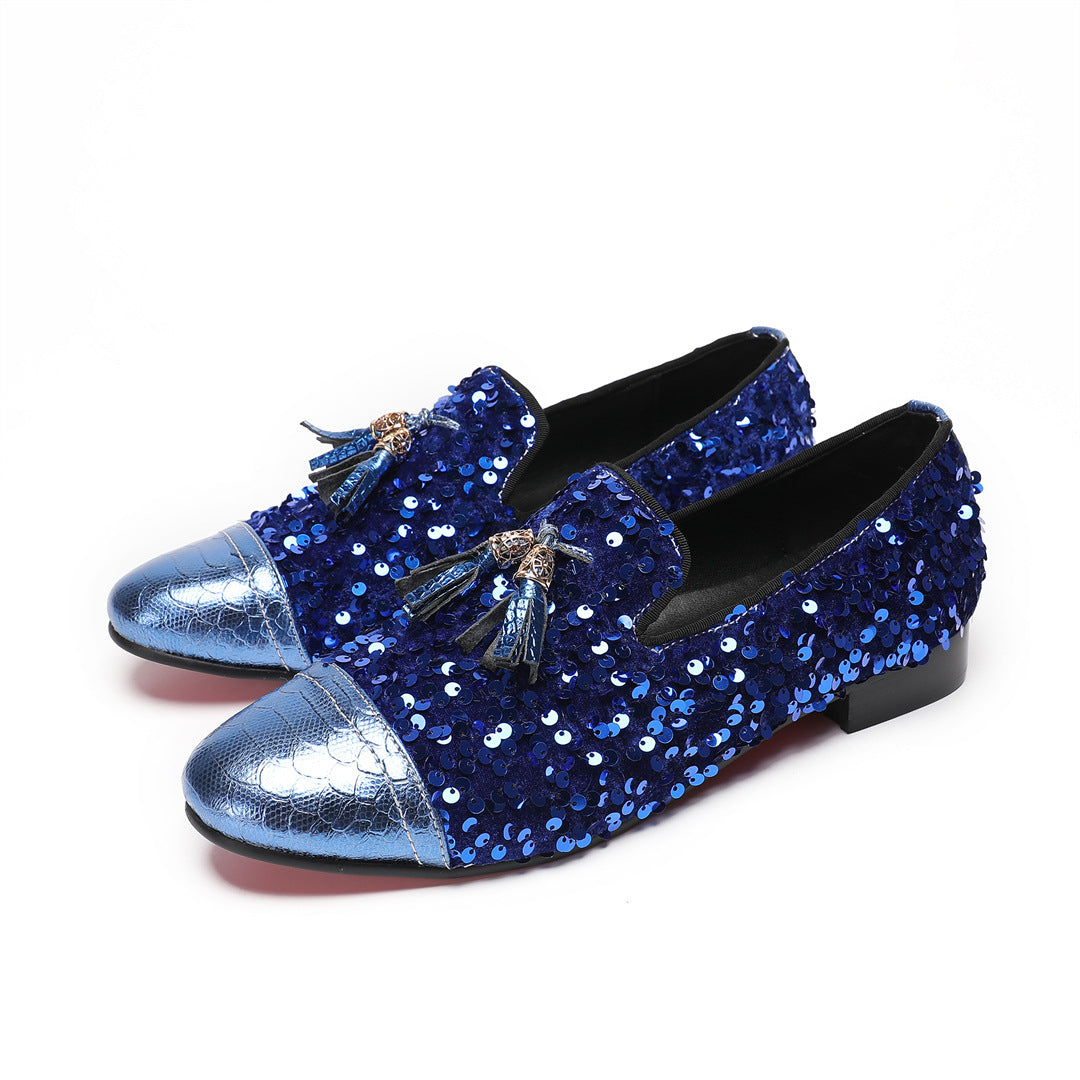 Men's Blue Leather Casual Shoes – Rhinestone Detail
