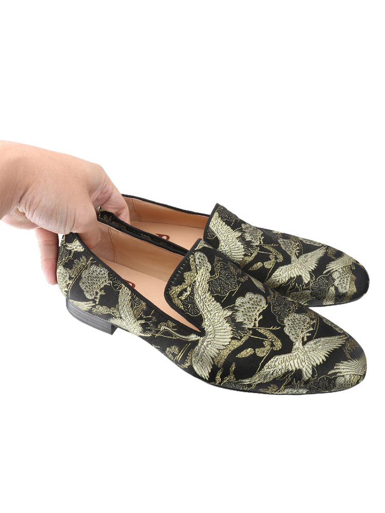 New Chinese Style Crane Jacquard Satin Men's Loafers Wedding Banquet Party Casual Slip-On Red Sole Smoking Shoes