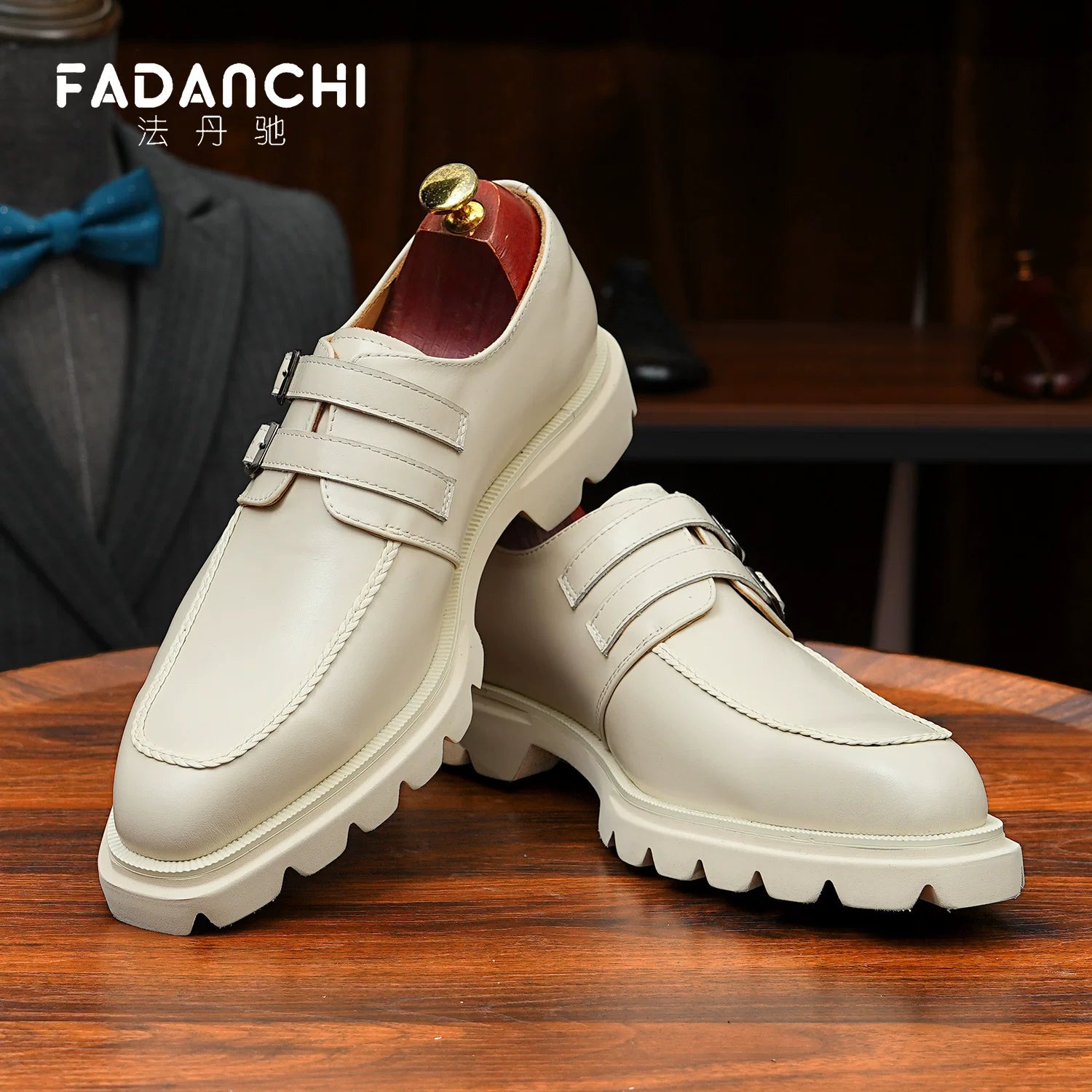 Men's White Genuine Leather Leather Shoes, Height Increasing, Thick Sole