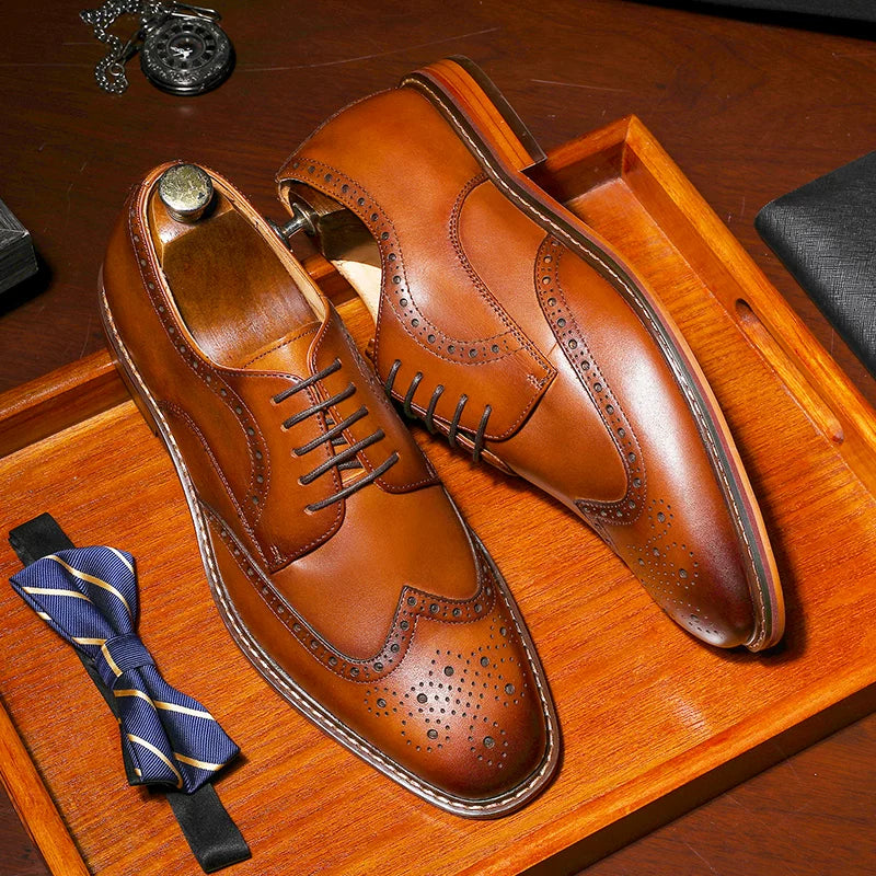 Men's Brown Genuine Leather Wedding Shoes, Height Increasing, British Style