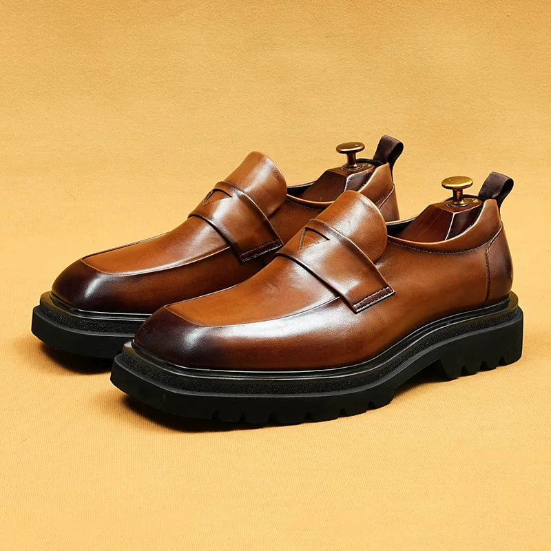 Men's Brown Genuine Leather Loafers, Height Increasing, Thick Sole