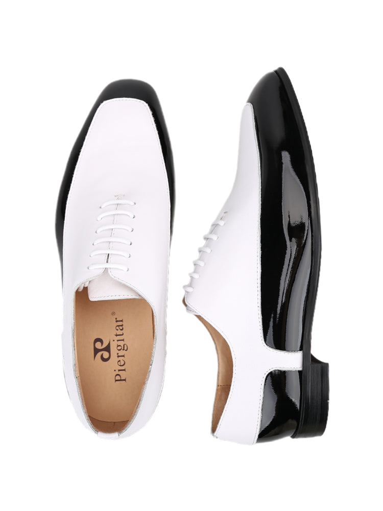 First layer cowhide spliced patent leather British style men's handmade Oxford shoes small square toe red sole wedding banquet formal leather shoes for men
