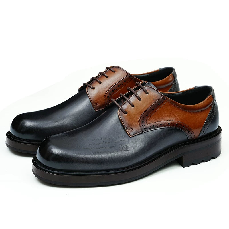 Men's Genuine Leather Derby Shoes, Thick Sole, Round Toe