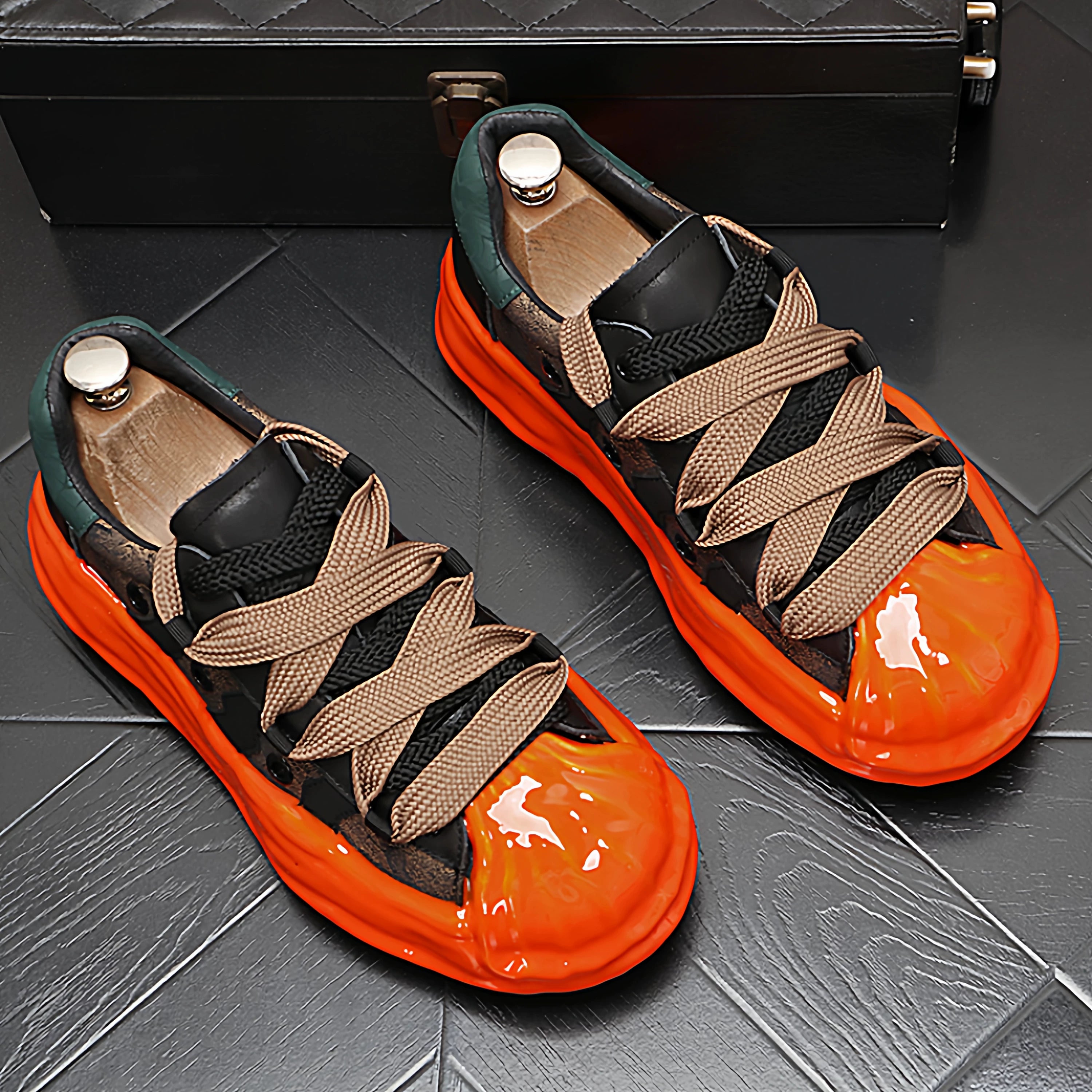 Men's Platform Low-Top Genuine Leather Korean Style Color-Block Skate Shoes