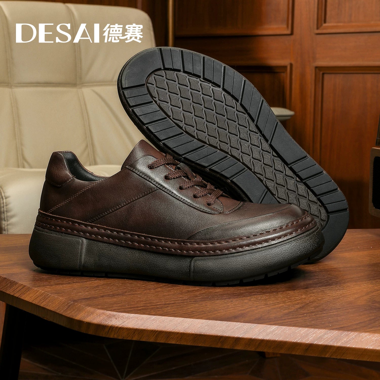 Men's Genuine Leather Skate Shoes, Height Increasing, Thick Sole