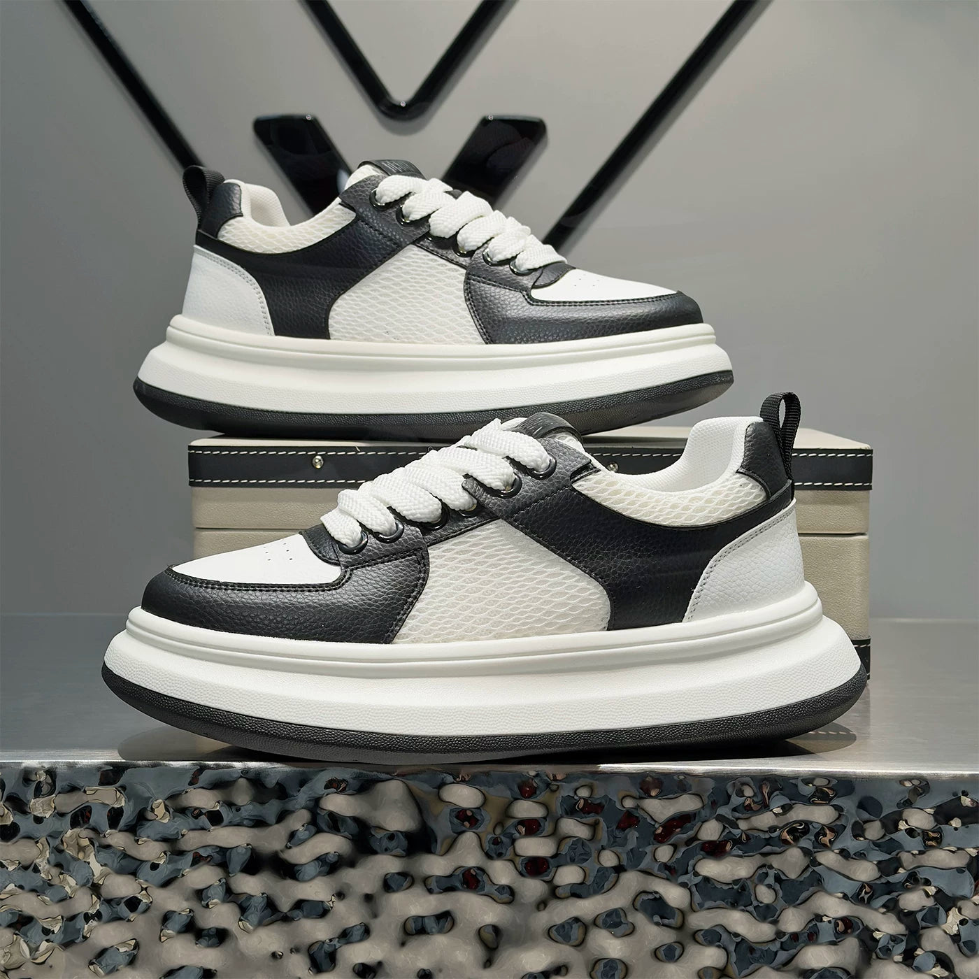 Men's Platform Breathable Mesh Low-Top Trendy White Sneakers