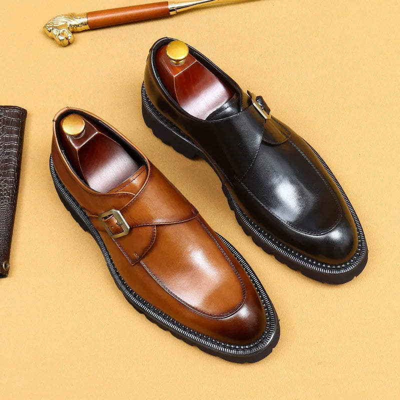 Men's Brown Genuine Leather Wedding Shoes, Thick Sole, Pointed Toe