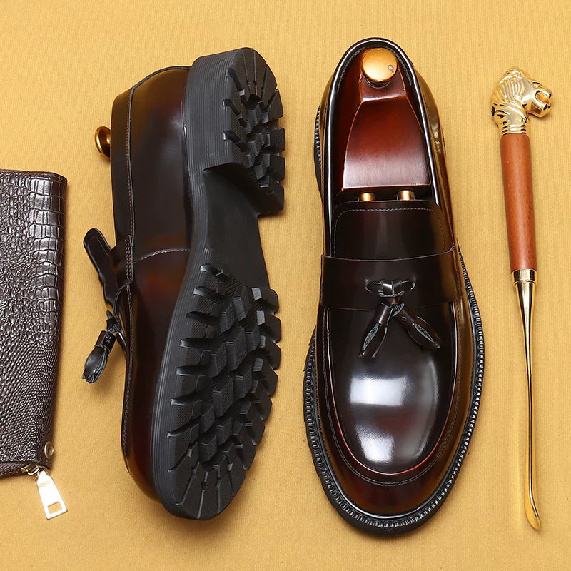 Men's Genuine Leather Loafers, Thick Sole, Patent Leather