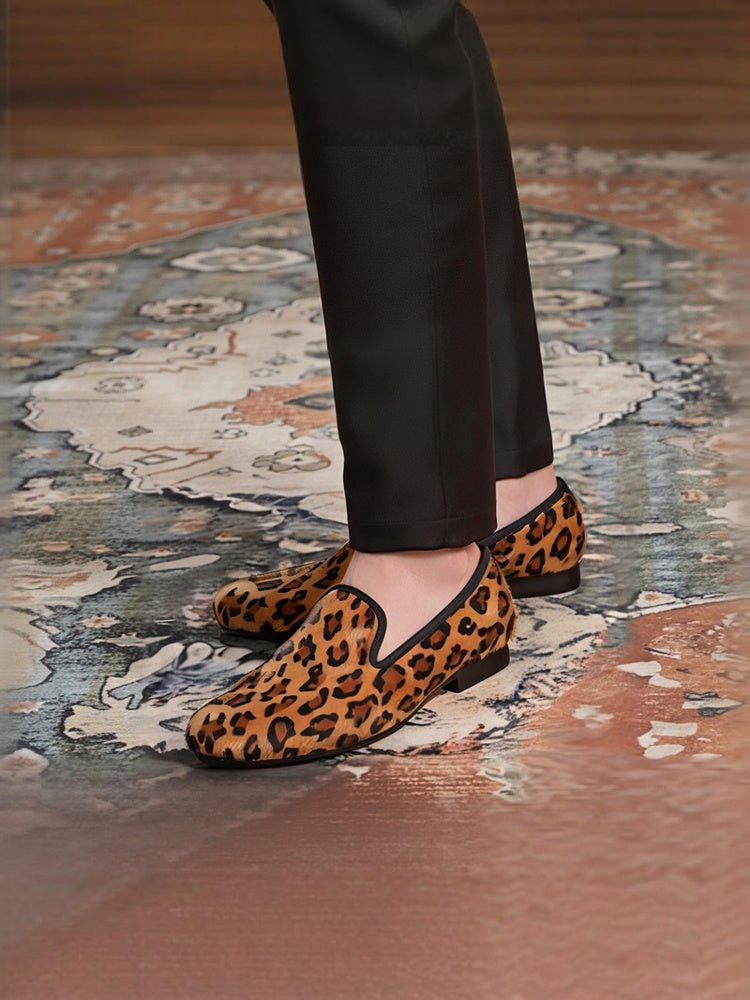 European and American style wild leopard print two-color suede shoes trendy slip-on low-cut shoes banquet party men's loafers