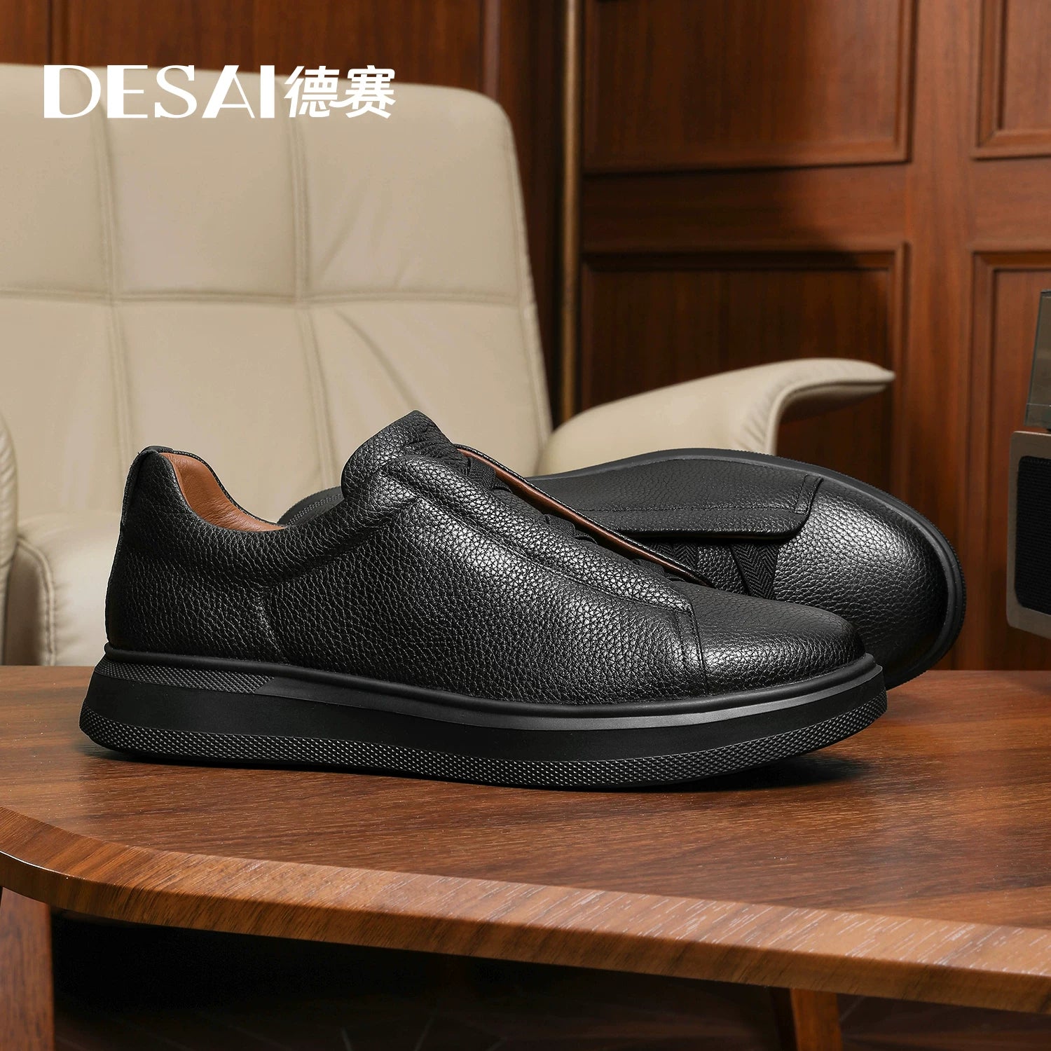 Men's Genuine Leather Skate Shoes, Breathable, Slip-On