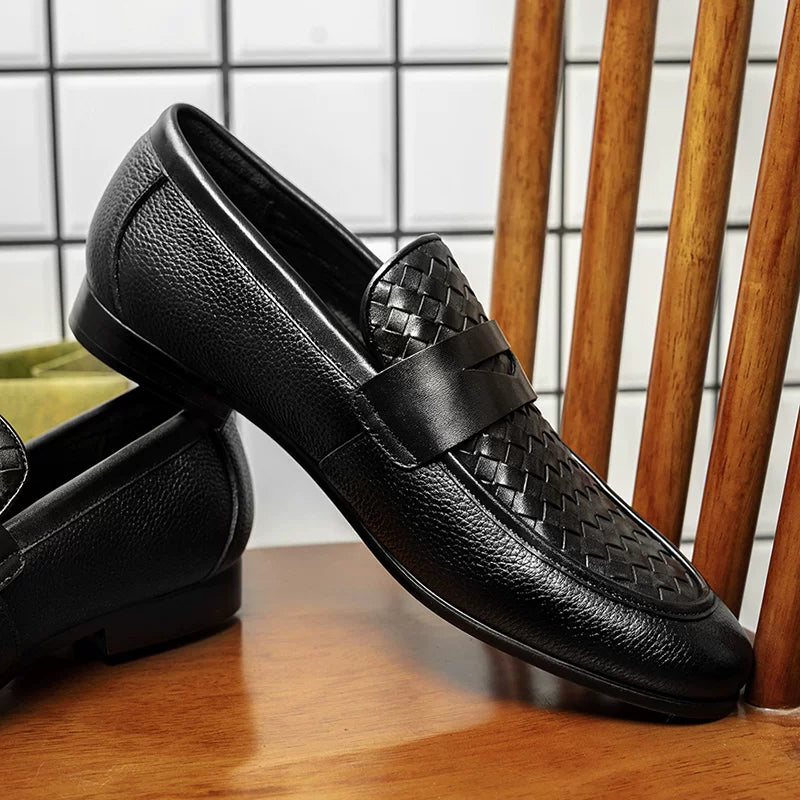 Men's Black Genuine Leather Loafers, Slip-On, Woven