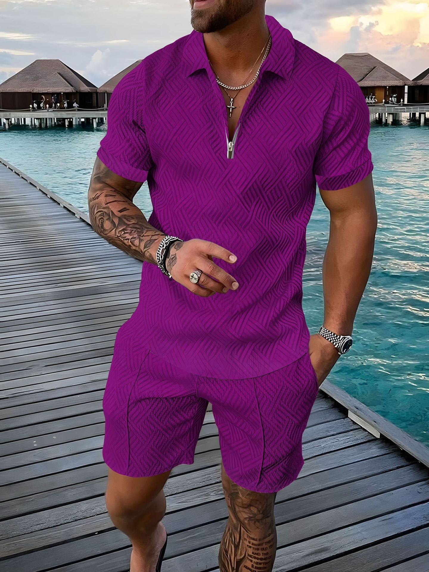 2024 European and American cross-border new men 3 solid color POLO shirt suit lapel short sleeve pullover casual men