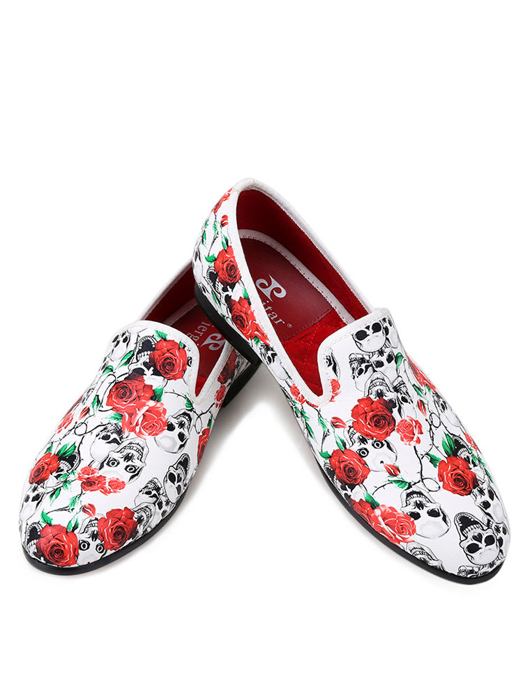New skull mixed print white men's loafers European and American trendy banquet formal shoes single shoes for men