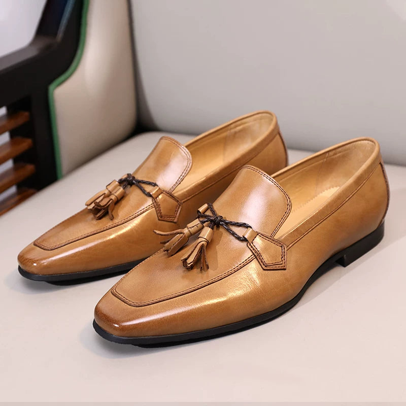 Men's Genuine Leather Loafers, Square Toe, Slip-On
