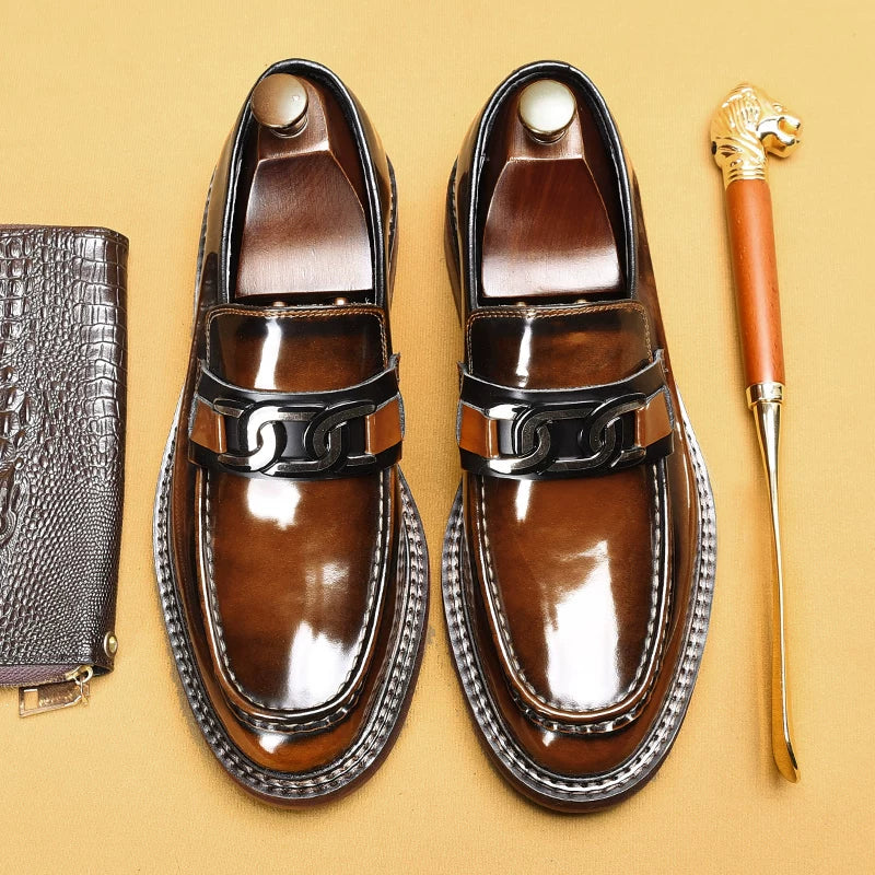 Men's Genuine Leather Loafers, Thick Sole, Patent Leather