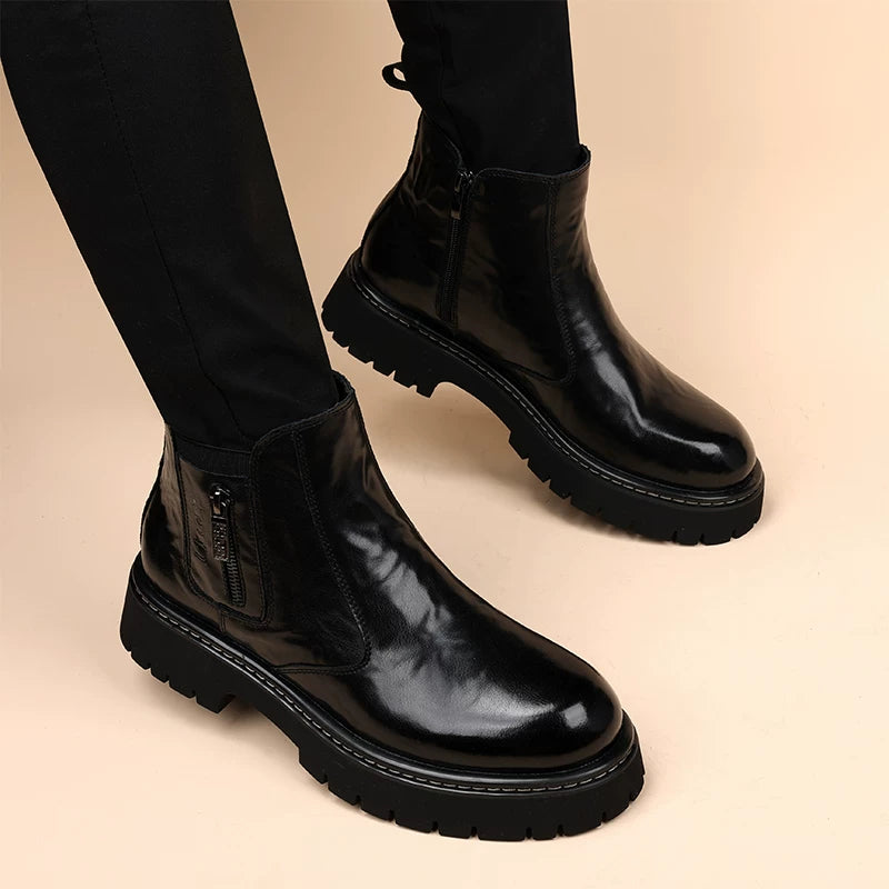 Men's Genuine Leather Martin Boots, Height Increasing, Thick Sole