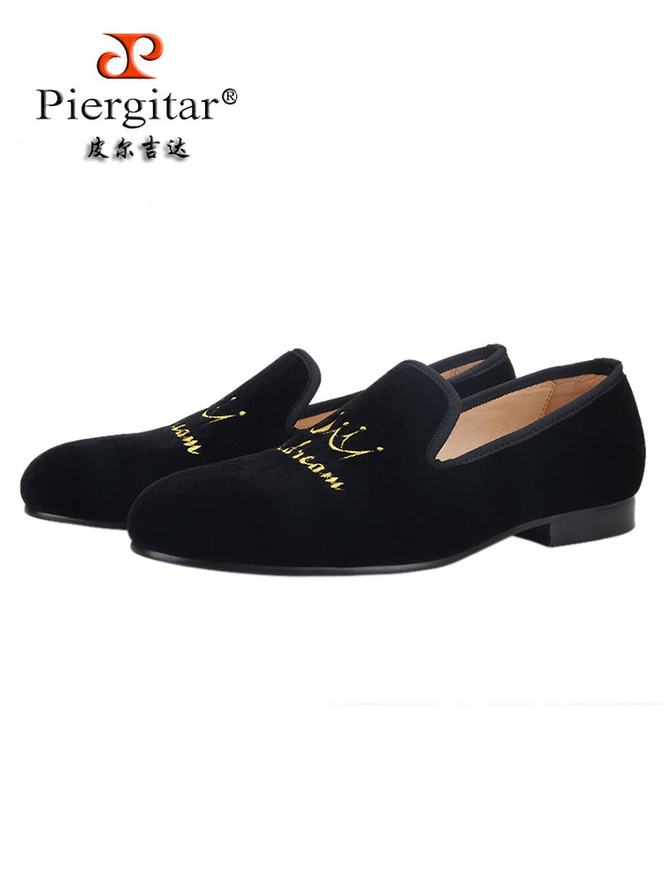 New small crown embroidery men's velvet loafers European and American British trend low-top shoes party banquet formal shoes