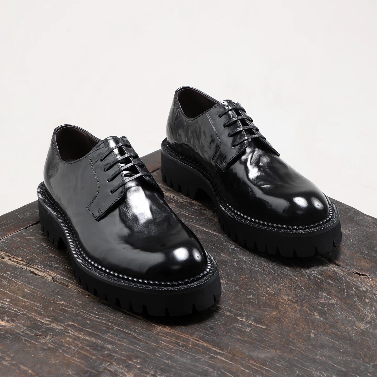 Men's Black Genuine Leather Derby Shoes, Height Increasing, Thick Sole
