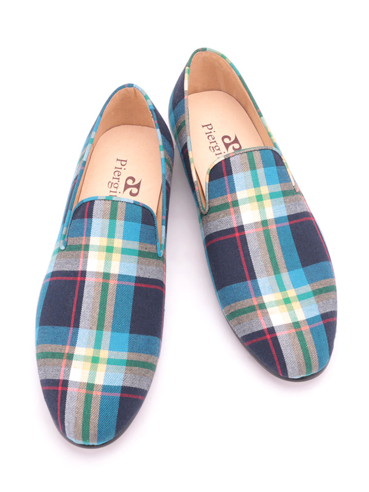 Men's leather-lined handmade loafers British small fresh plaid canvas shoes European and American smoking shoes