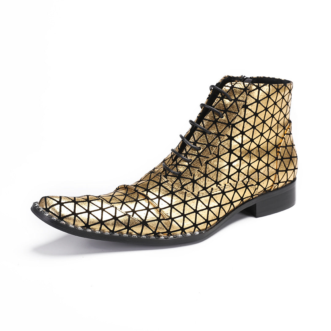 Men's Gold Leather Boots – British Style, Height Increasing