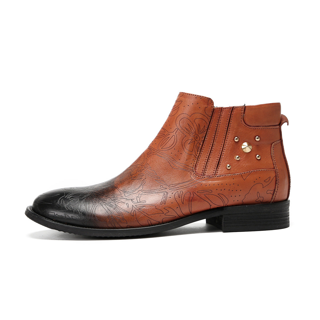 Men's Brown Leather Boots – Embroidered, Retro