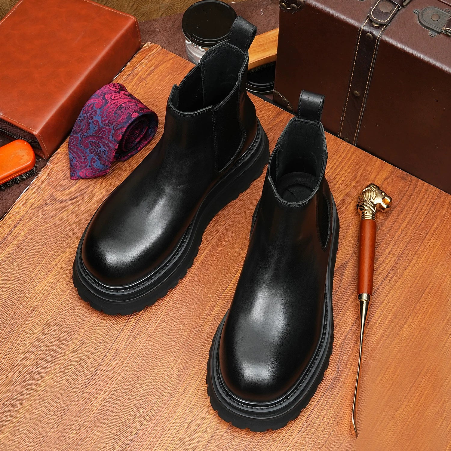 Men's Genuine Leather Martin Boots, Height Increasing, Thick Sole